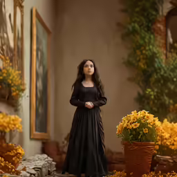 a doll standing in a black dress in a room with yellow flowers