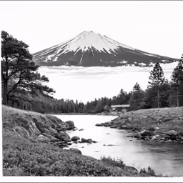 a large mountain with a stream on a field