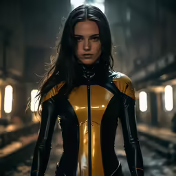 a woman in a latex suit is standing in the subway