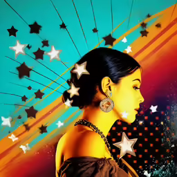 woman wearing earrings against an artistic background with stars