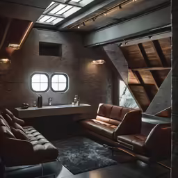 a large living room with two chairs and three windows