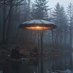 a person sitting under an umbrella in the middle of a forest