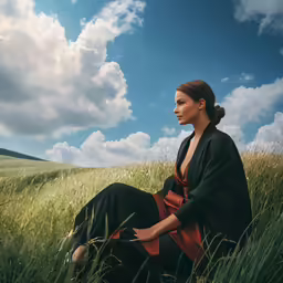 a woman in the middle of a field of tall grass with her head turned slightly