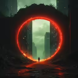 a man is walking through an animated neon tunnel with bright red light around him