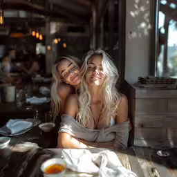 two women at table next to each other and plates of food in background,two women posing for a picture next to each other
