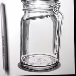 a drawing of a glass jar and a pencil