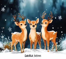 three deer standing on snow covered ground in front of trees