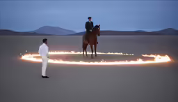 a man riding on the back of a horse surrounded by fire