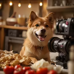a dog sitting in front of some camera equipment