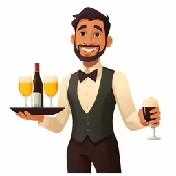 man in vest carrying a tray with drinks and a bottle