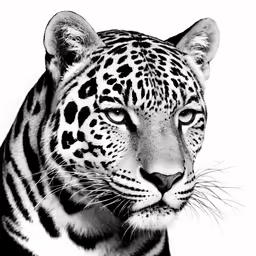 a black and white image of a large leopard