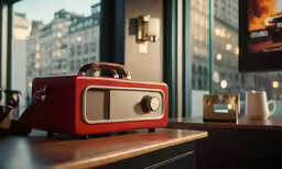 a radio sitting on top of a wooden desk
