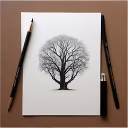 the ink pen is next to a drawing of a tree