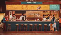 people in front of an empty restaurant with a counter,an outside bar is filled with people waiting