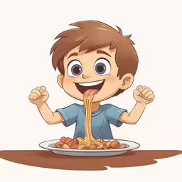 a cartoon kid eating spaghetti with his hands up