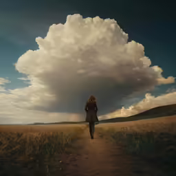 a woman is walking through a field in front of a cloud