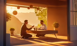 two men sit at an outdoor table and enjoy some wine