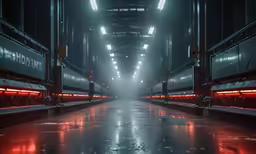 an industrial building with red lights and water puddles