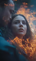 a woman with blue eyes looking at a man