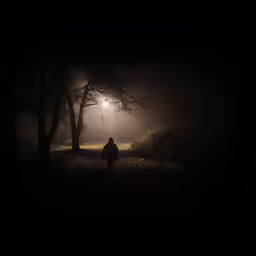 a person standing under a tree at night