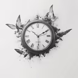 a clock with two birds in it and paint splatters coming out from it