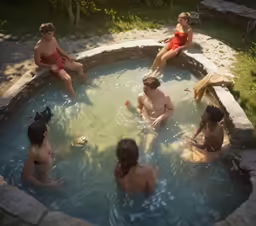there are people enjoying a water bath in the pool