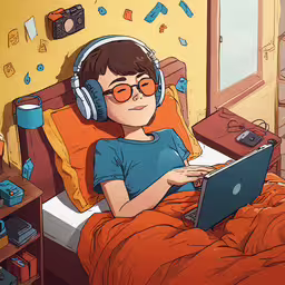 a man with headphones and sunglasses using a laptop computer,a person wearing headphones laying in bed with a laptop