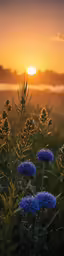 the sun rises in the distance behind the grass and flowers