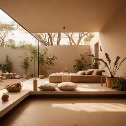 a living room with a couch, cushions and potted plants