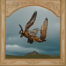 the painting shows two birds flying with the sky in the background