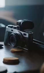 an old black camera and some cookies on the table