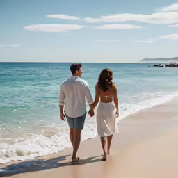 couple walking along shoreline with ocean in background