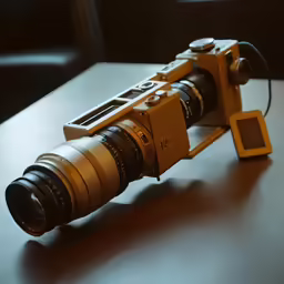 a vintage camera sitting on a table with an electronic flash drive attached to it