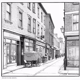 an old black and white drawing shows a street view with horses pulling carts down the street