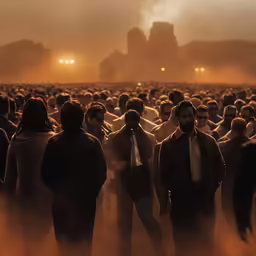 many people are standing in a foggy area