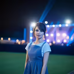 a girl in a dress standing on the grass