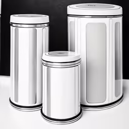 a group of trash cans and two bins