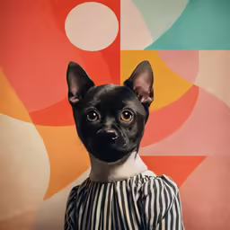 a small black dog wearing a striped shirt