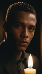 the man is looking at his candle in his hand