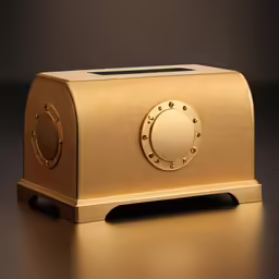 this is a golden radio sitting on a black counter