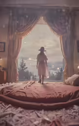 a woman stands at the door of a room with an old fashioned view