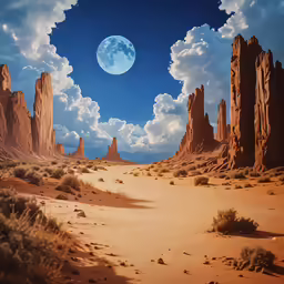 desert landscape with rock formations and a full moon