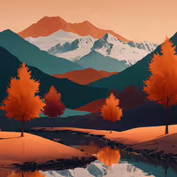 a painting of a beautiful mountain scene, reflecting water,there are some snow capped mountains in the background