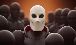 the man with a mask stands surrounded by heads of people