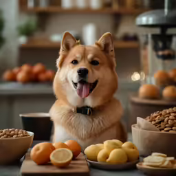a dog is sitting in front of food on plates and bowls