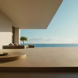 the empty living room and patio of an apartment overlooking the water
