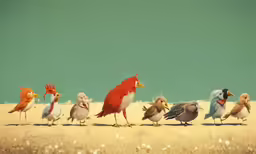 a group of different birds standing on top of a beach