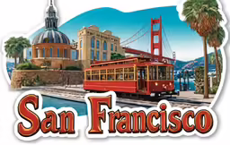 the san francisco sign on top of a red trolley car