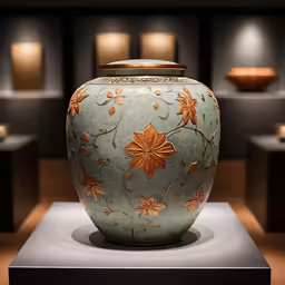 a light blue vase on display in a room with lights