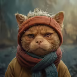 a cat wearing a red hat and scarf around its neck
